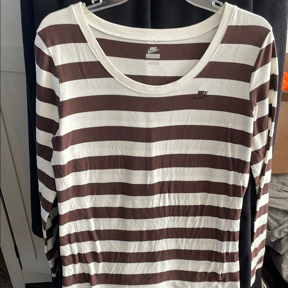 Nike Women's Brown and White large Striped Top